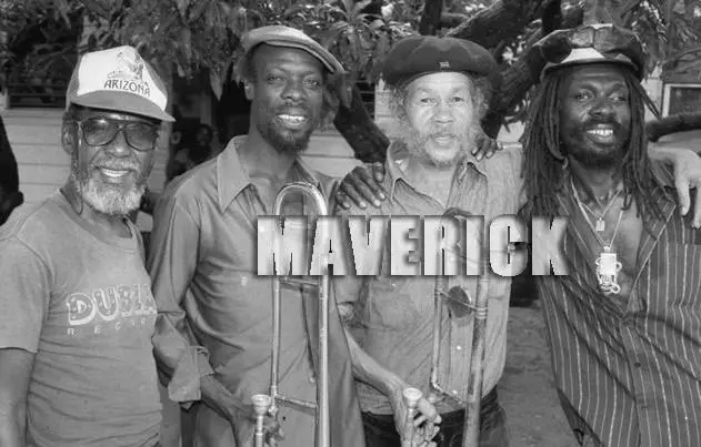 With our friend Vin 'Don Drummond Jr' Gordon busy in England recently, time to drop this photo from 1989 taken in Kingston in Jimmy Cliff's studio garden: Bobby Ellis, Vin Gordon, Rico Rodriguez and Joseph 'Culture' Hill. Nuff niceness!